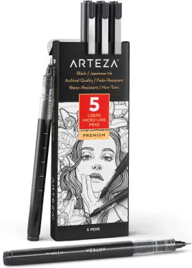 Arteza 313038633677 Micro-line Ink Pens Set Of 5 Black Fineliners With Japanese Archival In