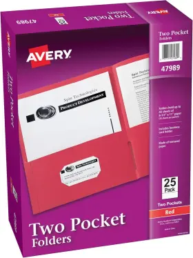 Avery 077711479890 Two Pocket Folders Holds Up To 40 Sheets Business Card Slot 25 Red Fold