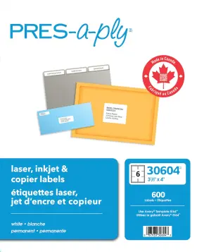 30604 Avery Pres-a-ply 3-1/3 X 4 Inches Laser Labels White 600 Count
