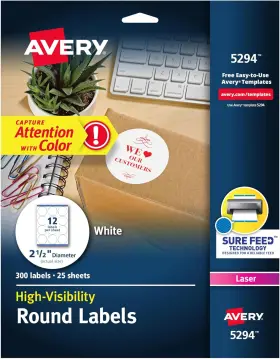5294 Avery High Visibility Printable Round Labels With Sure Feed 2.5 Inch Diameter Whit