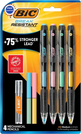 Mv7prp4-blk Bic Break Resistant Mechanical Pencils 4 Count 0.7mm Erasers Medium Point Pack
