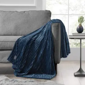 Brookstone 042075680008 Heated Solid Ribbed Plush Throw Navy