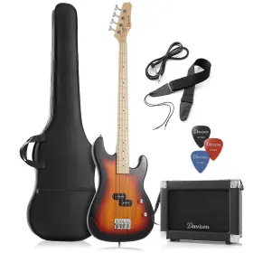 Davison Guitars 670541168127 Full Size Electric Bass Guitar With 15 Watt Amp Sunburst 4 String Right Handed