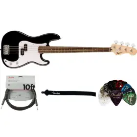 Fe0373900506k1 Fender Squier Bass Guitar Black With Pick 10ft Cable Strap Kit