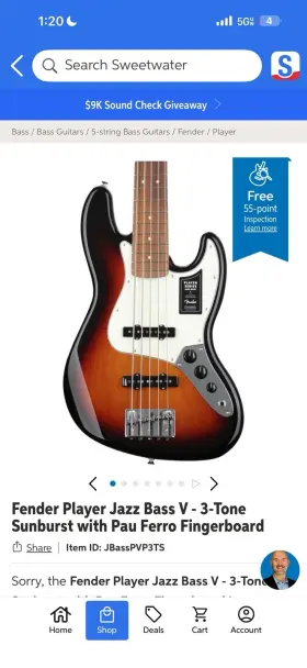 Jbasspvp3ts Fender Player Jazz Bass V 5-string Electric 3-tone Sunburst Pau Ferro