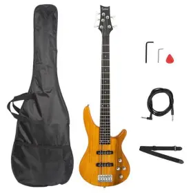 Glarry 629722701646 Gib Electric 5 String Bass Guitar Full Size Bag Strap Pick Yellow