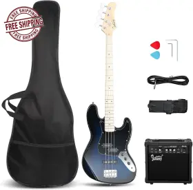 Glarry 726084244818 Full Size 4 String Electric Bass Guitar Darkblue W Amp Bag Cable Tool Set