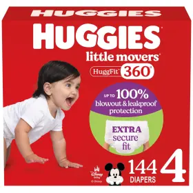 00036000566017 Huggies Baby Diapers Size 4 144 Count Pack Little Movers Huggfit 360 22-37 Packs