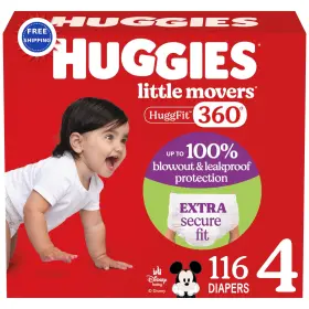 00036000566116 Huggies Size 4 Little Movers Huggfit 360 Baby Diapers 116 Count 22-37 Waistband