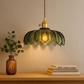 Morauroral 716597684188 Modern 1-light Green Plug-in Mid-century Hanging Pendant Light With Ribbed Flowe