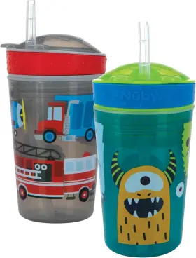 Nuby 445010281279 All In One Snack Bowl And No Spill Soft Straw Cup - 2 Pack Aqua Monsters &