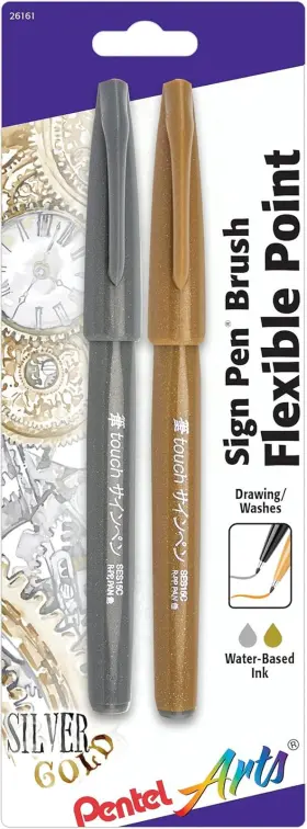 Ses15cbpxz Pentel Arts Sign Pen Touch Fude Brush Tip Gold/silver Pack Of 2