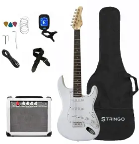 Stringo 783495627890 White Electric Guitar Beginner Kit Full Size 39 Inch Set Includes Tremolo Gui