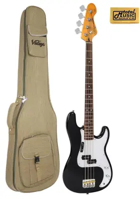 V4bkl-bag Vintage Guitars V4 Reissued Bass Guitar Black High Gloss With Mirror Scratchplate Gig