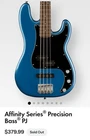 Squier Affinity Series Precision Bass Pj Lake Placid Blue Laurel 4-STRING New. Price: $350.00.