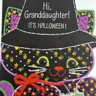 Vintage Halloween Greeting Card Black Cat Kitten Witch Hat Mask Purple Hallmark Used. Price: $18.50.