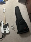 Fender Squier Jazz Bass, White, 4-STRING, Three Knobs, With Case Used. Price: $400.00.