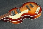 Hofner HCT-500/1L-CV Left Handed Cavern Beatle Violin Bass With Black Hard Case Open. Price: $995.00.