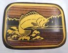 Harmony Metal Hand-crafted Solid Brass Exotic Wood Inlaid Bass Belt Buckle Used. Price: $20.00.