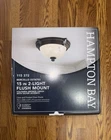 Hampton Bay Bercello Estates 15 In. 2-LIGHT Volterra Bronze Flush Mount+etched Open. Price: $89.99.